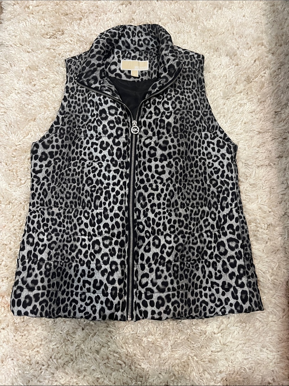 Michael Kors Black and White Leopard Print Quilted Vest